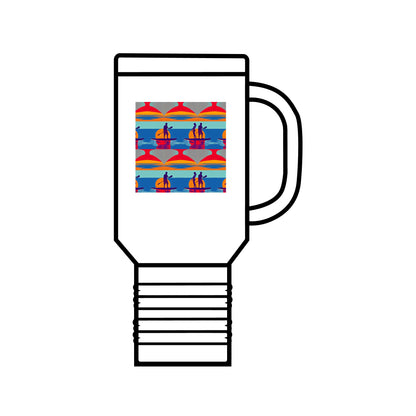 Fantasy Paddleboarding 40oz Insulated Travel Mug featuring a vibrant design of paddleboarders against a sunset backdrop, embodying luxury and adventure.