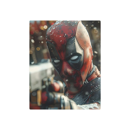 Refined angle of the Stunning Deadpool Metal Art Poster, highlighting its vivid colours and matte finish, perfect for adding character to any elite space.
