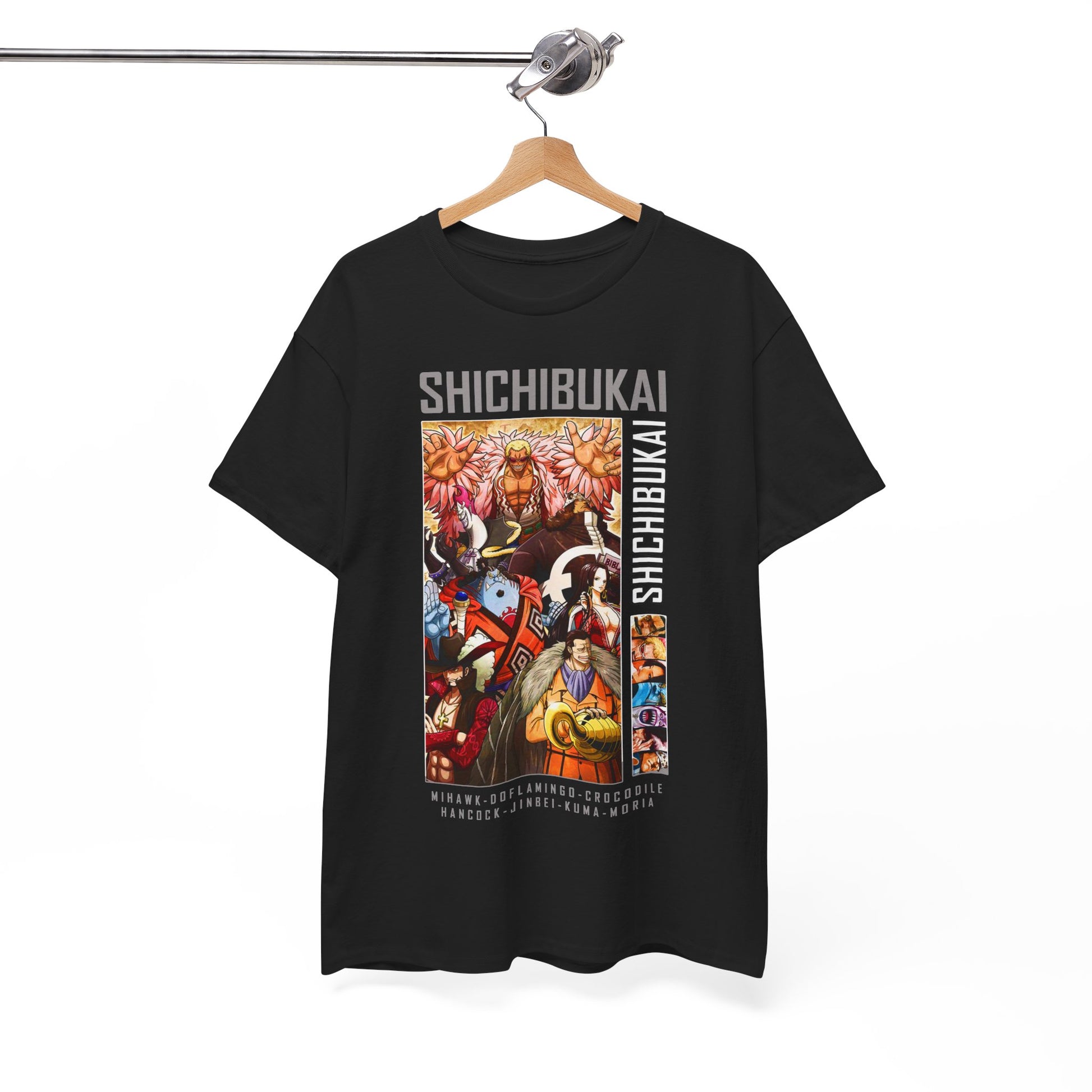 Elegant black t-shirt beautifully displayed on a wooden hanger, featuring the captivating Shichibukai graphic, a must-have for discerning anime collectors.