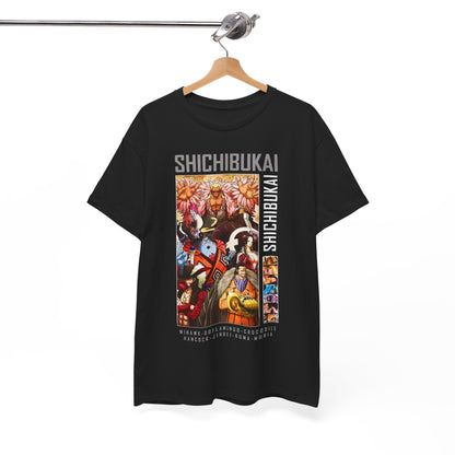 Elegant black t-shirt beautifully displayed on a wooden hanger, featuring the captivating Shichibukai graphic, a must-have for discerning anime collectors.