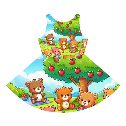 Little girl wearing the luxurious Sophia Buttercup Girls Sundress with colourful teddy bear print, ideal for summer playdates by Dazzling Dreams Studio.