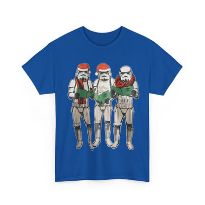 Luxurious Carol Singing Stormtroopers Star Wars Graphic T-Shirt, featuring three Stormtroopers in festive attire, including Santa hats and scarves, singing carols on a vibrant blue cotton tee. Ideal for urban unisex fashion enthusiasts.