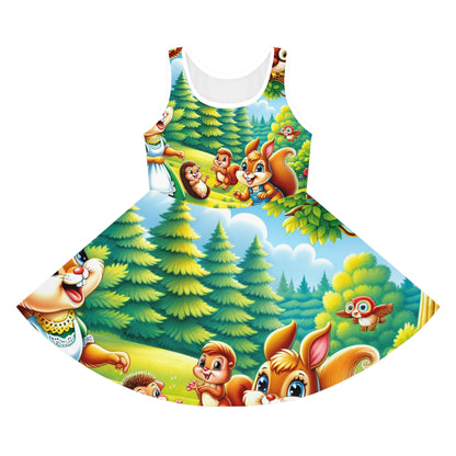 Sophia Poppington Girls Whimsical Woodland Creatures Sundress by Dazzling Dreams Studio, featuring vibrant woodland illustrations of friendly animals, perfect summer outfit for toddlers.