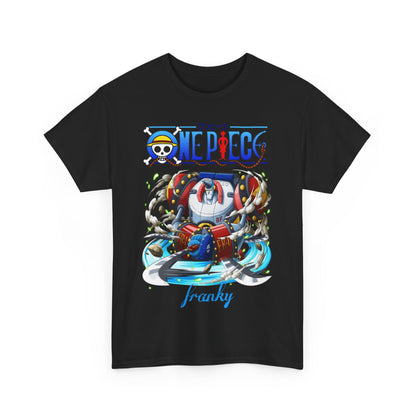 Stylish black t-shirt with a bold One Piece Franky graphic, ideal for elevating urban casual wear with a touch of anime culture.
