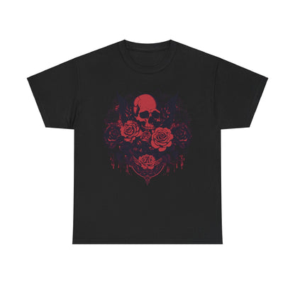 Skulls and Roses Cotton Tee in black featuring a striking steampunk design of skull entwined with roses, exemplifying edgy luxury.