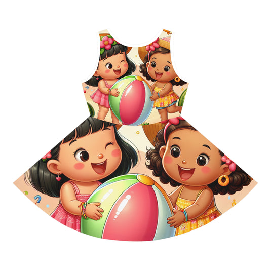 Bella Buttonsmith Girls Fruit Fun Sundress showcasing vibrant designs of happy toddlers enjoying summer activities with beach balls, perfect for stylish summer adventures for toddler girls aged 2 and above.