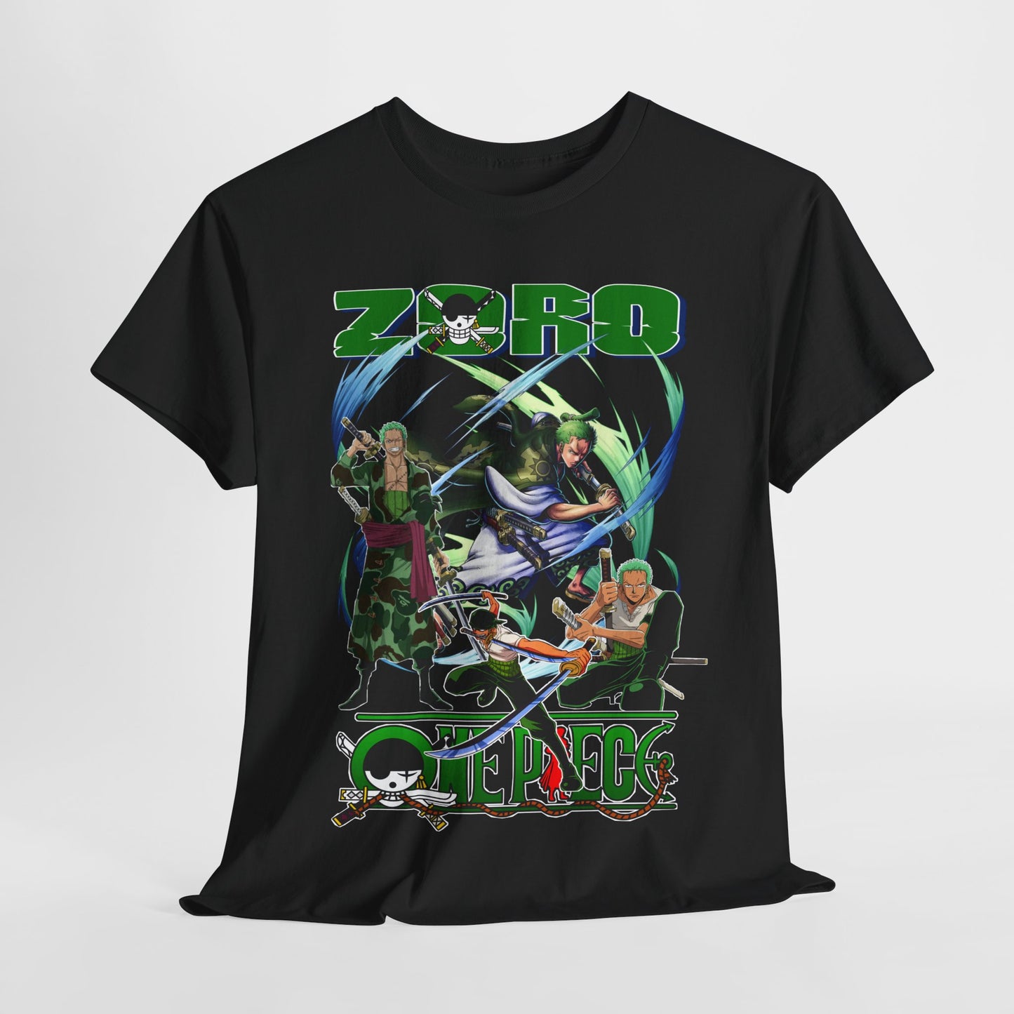Elegant black t-shirt adorned with a striking graphic of Zoro and other anime characters, ideal for showcasing your love for anime in a fashionable way.