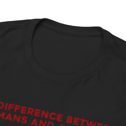 Close-up view of the neckline of a luxurious black t-shirt featuring bold red text stating 'THE DIFFERENCE BETWEEN HUMANS AND ANIMALS', presenting a unique political satire design.