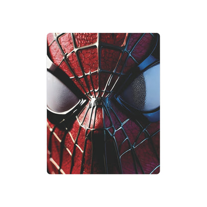 Close-up view of the Spider-Man Metal Wall Art Poster, featuring a sleek matte aluminium finish, capturing the intricate details of Spider-Man's iconic face, suitable for modern decor.