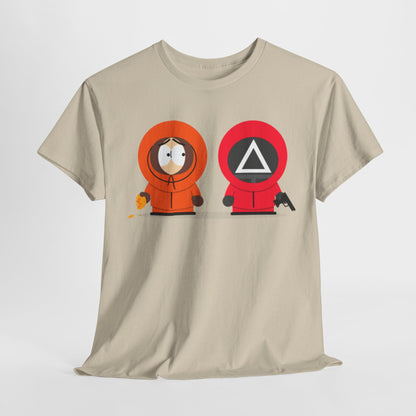 Elegant Squid Game South Park Unisex Men’s Women’s Graphic Cotton Funny T-Shirt featuring a mashup design with two iconic characters, perfect for fans of absurd humour.