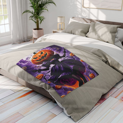 Elegant Decorative and Warm Halloween Spooky Arctic Fleece Blanket elegantly displayed on a chic bed, showcasing a pumpkin-headed witch design amidst a spooky Halloween atmosphere.
