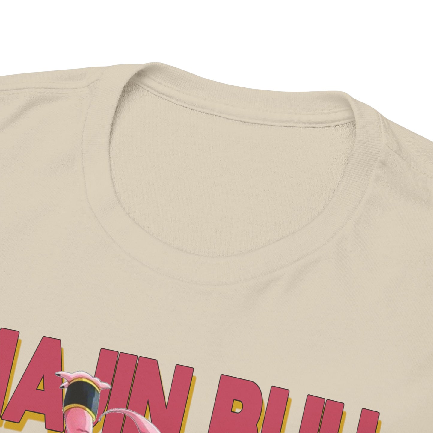 Close-up view of a Majin Buu T-shirt neck, showcasing premium quality fabric and vibrant graphic design, symbolising bold artistic expression.