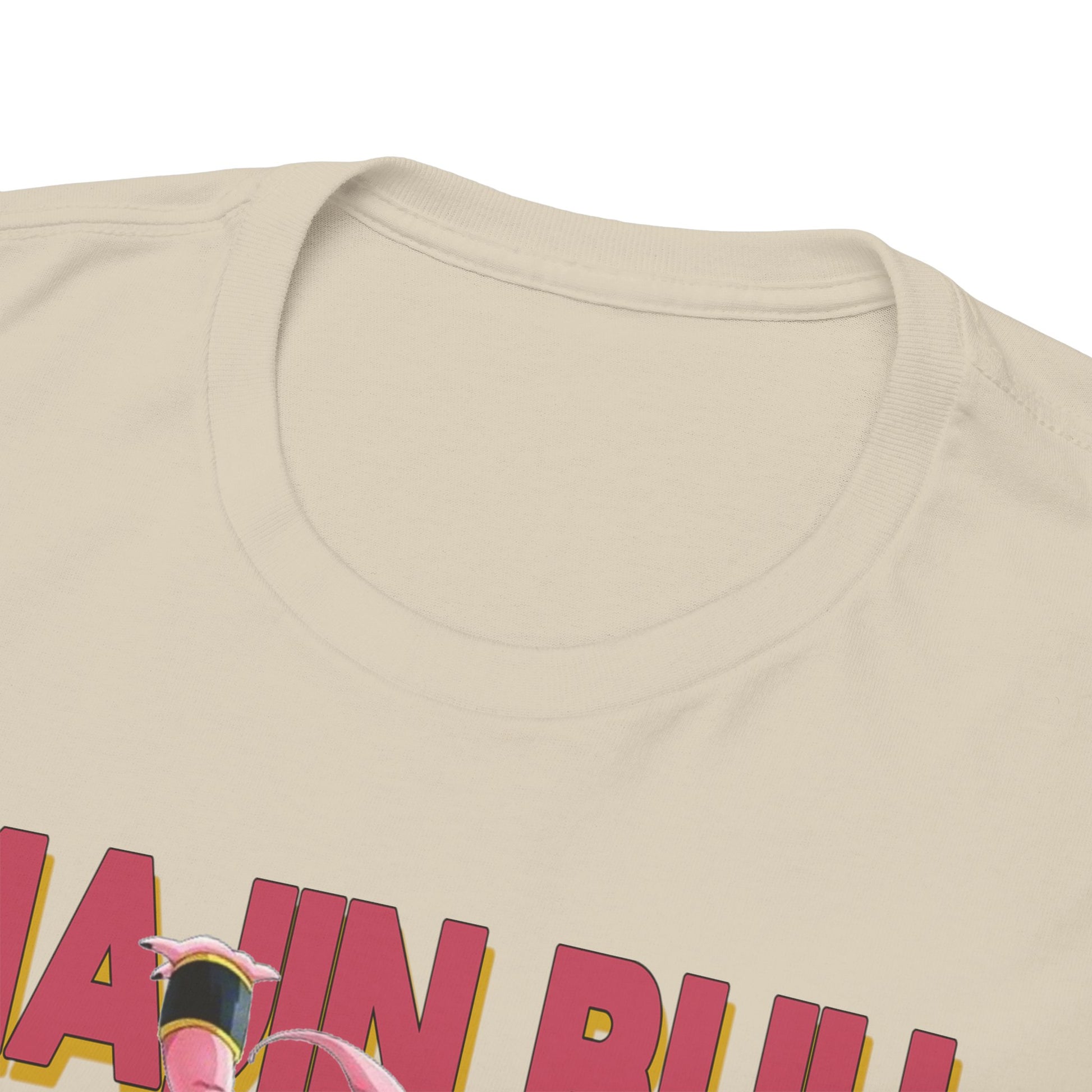 Close-up view of a Majin Buu T-shirt neck, showcasing premium quality fabric and vibrant graphic design, symbolising bold artistic expression.