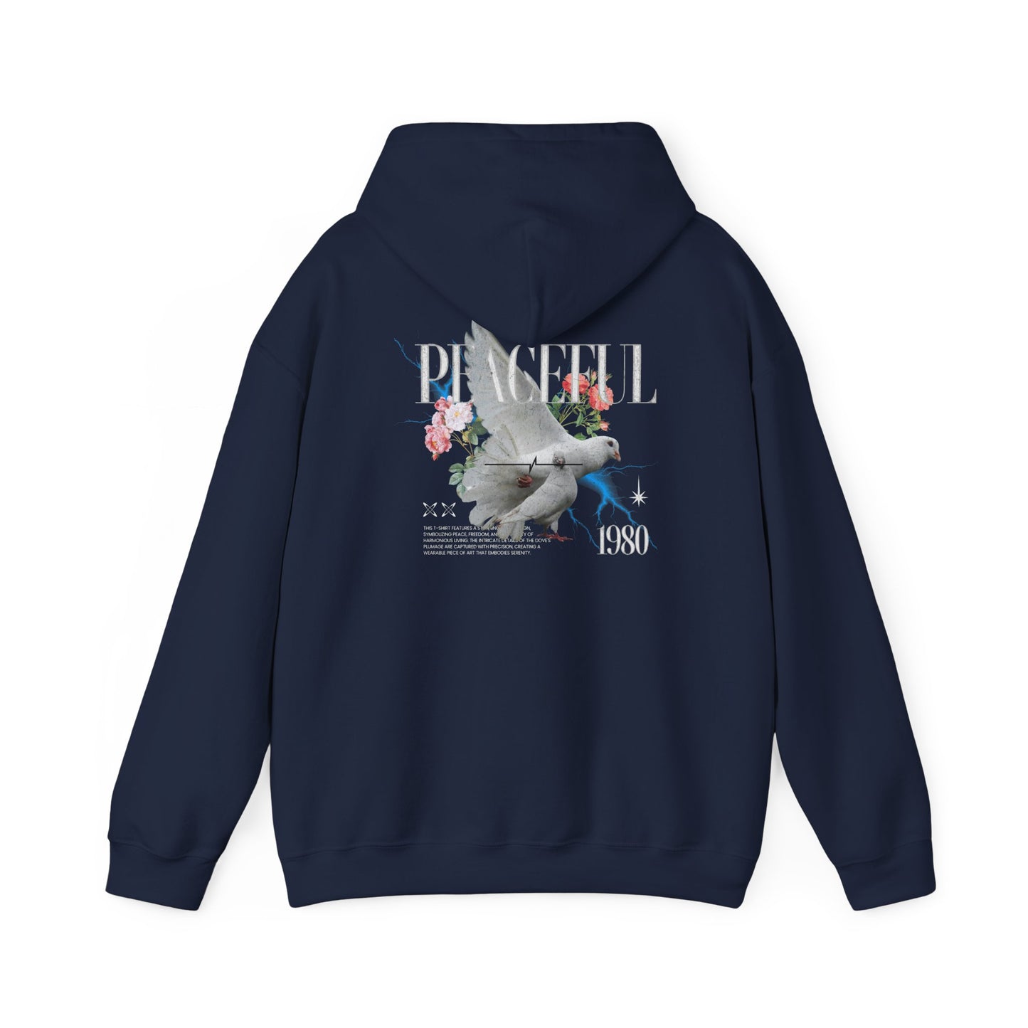Chic navy hoodie displaying a graceful dove artwork on the back, adorned with delicate floral accents and the word 'PEACEFUL', complete with a retro touch of '1980', perfect for a sophisticated casual look.