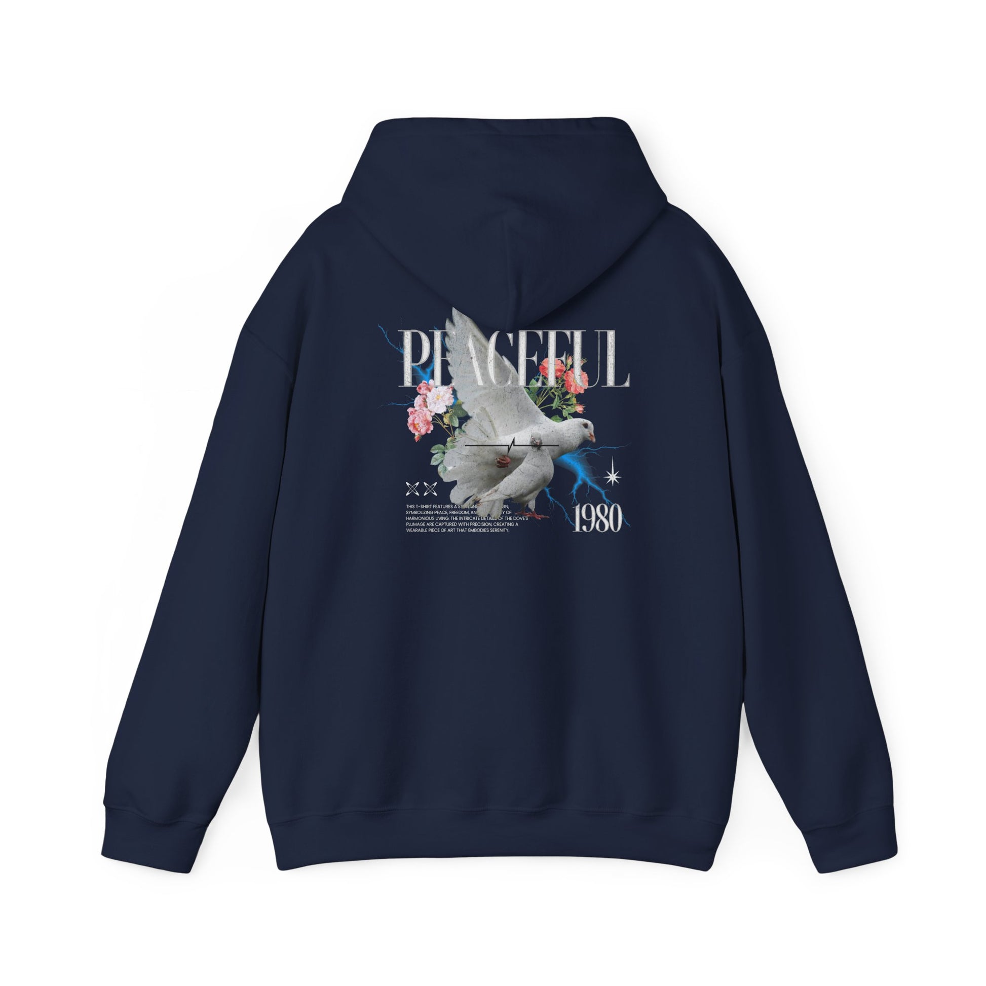 Chic navy hoodie displaying a graceful dove artwork on the back, adorned with delicate floral accents and the word 'PEACEFUL', complete with a retro touch of '1980', perfect for a sophisticated casual look.