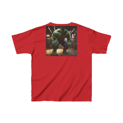 Kids Incredible Hulk Heavy Duty T-Shirt in red featuring a dynamic image of the Hulk, perfect for young superheroes seeking style and comfort.