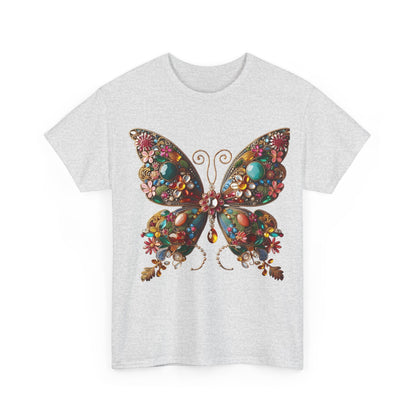 Enchanting Butterfly Brooch Unisex T Shirt Graphic Tee featuring a vibrant butterfly design adorned with colourful gemstones and floral motifs, perfect for adding elegance to any outfit.