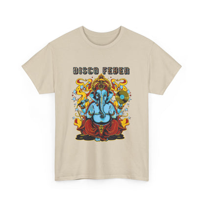 Elegant beige t-shirt featuring a vibrant graphic design of Lord Ganesha, embodying the spirit of disco with the bold text 'DISCO FEVER'.