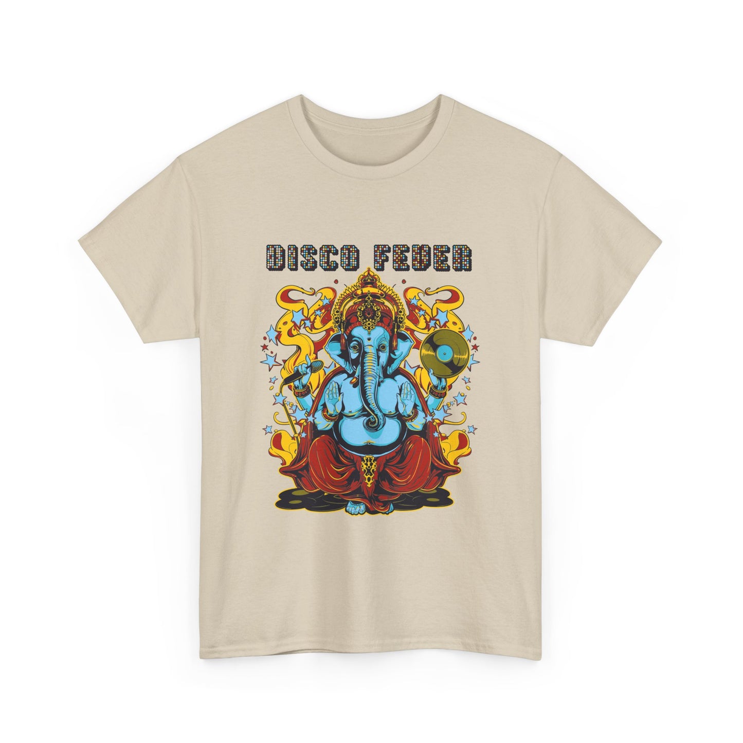 Luxurious Vibrant Lord Ganesha T-Shirt for Men, featuring a colourful graphic design with the phrase 'DISCO FEVER' above an elegantly depicted deity, set against a dynamic background.