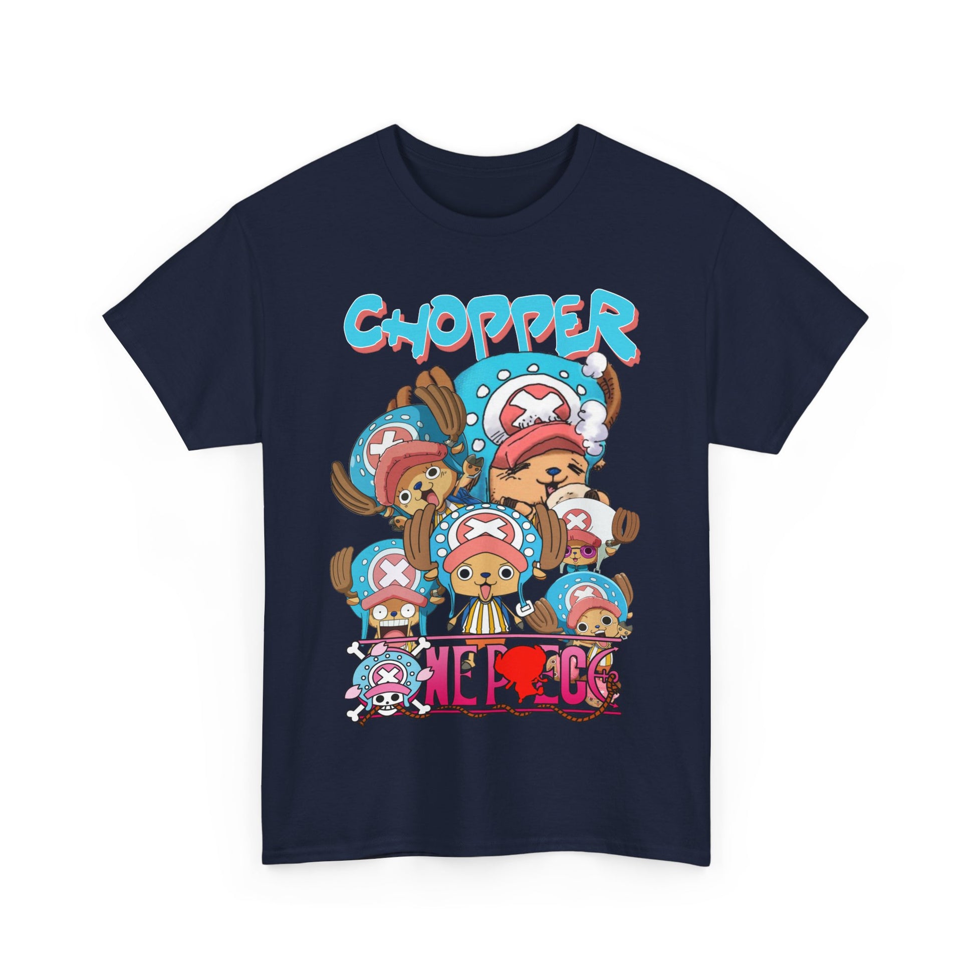 A neatly folded navy t-shirt displaying artistic depictions of Chopper from anime, accentuated with bold typography, perfect for casual yet stylish wear.