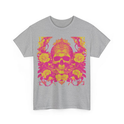 Skulls and Roses Cotton Tee, Unisex Graphic Shirt featuring a vibrant steampunk design with a pink skull entwined in roses, ideal for alternative fashion.