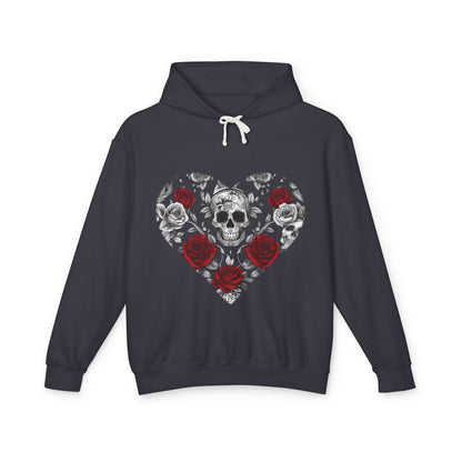Front view of the Unisex Lightweight Hooded Sweatshirt with a unique designer skull and roses graphic, epitomizing edgy luxury.