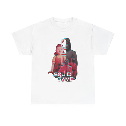 Stylishly designed white cotton t-shirt displaying Squid Game characters, perfect for fashion-forward individuals seeking a unique statement piece.