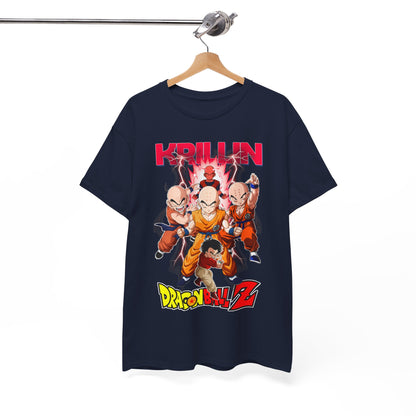 Luxury Dragon Ball Z Krillin & Z Fighters T-shirt displayed on a hanger, featuring vibrant graphics of Krillin and fellow warriors, capturing the essence of anime action and adventure.