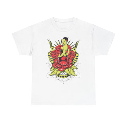 Elegant white t-shirt featuring a vibrant tattoo-style pin-up design with intricate roses, scrollwork, and a stylish figure, perfect for making a bold fashion statement.