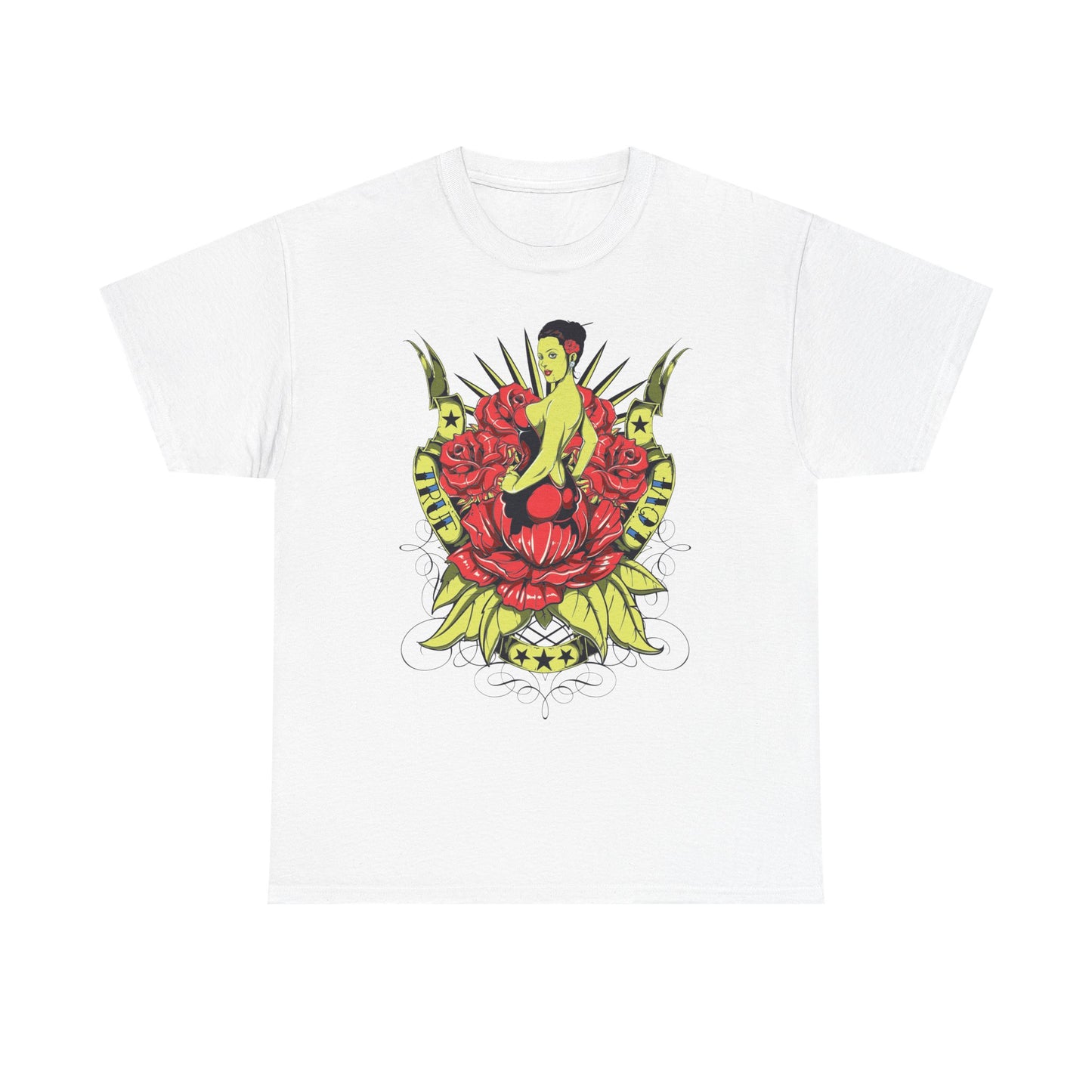 Luxurious white t-shirt featuring an exquisite tattoo-style pin-up design adorned with vibrant red roses, intricate detailing, and bold scrollwork, perfect for a stylish and artistic wardrobe.