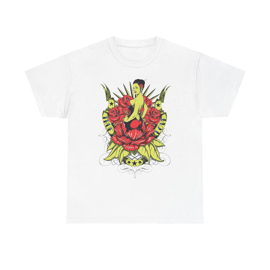 Luxurious white t-shirt featuring an exquisite tattoo-style pin-up design adorned with vibrant red roses, intricate detailing, and bold scrollwork, perfect for a stylish and artistic wardrobe.