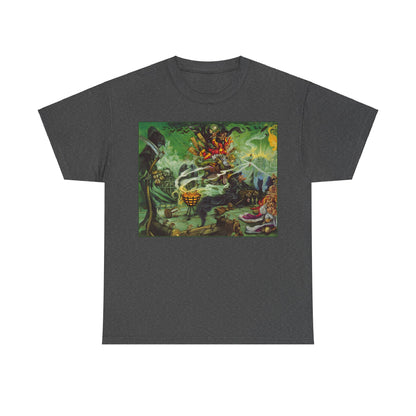 Premium Discworld Wyrd Sisters Graphic Unisex T Shirt Tee showcasing an artistic depiction of Terry Pratchett's iconic witches in vibrant detail.