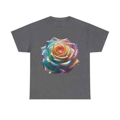Ethereal Rose Unisex Cotton Tee featuring a striking artistic floral design with a dazzling multicoloured rose and luminous water droplets on a luxurious dark grey fabric.