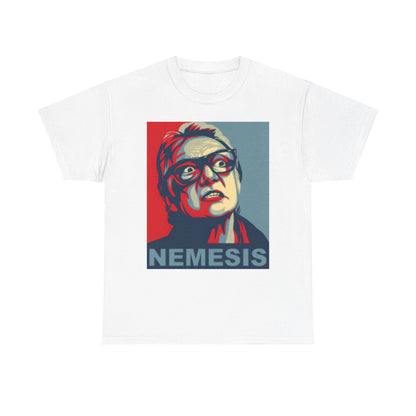 Sophisticated white t-shirt displaying the Nemesis graphic art, combining striking imagery and vibrant hues, ideal for modern urban aesthetics.