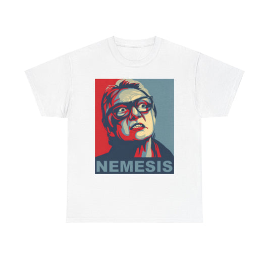 Sophisticated white t-shirt displaying the Nemesis graphic art, combining striking imagery and vibrant hues, ideal for modern urban aesthetics.