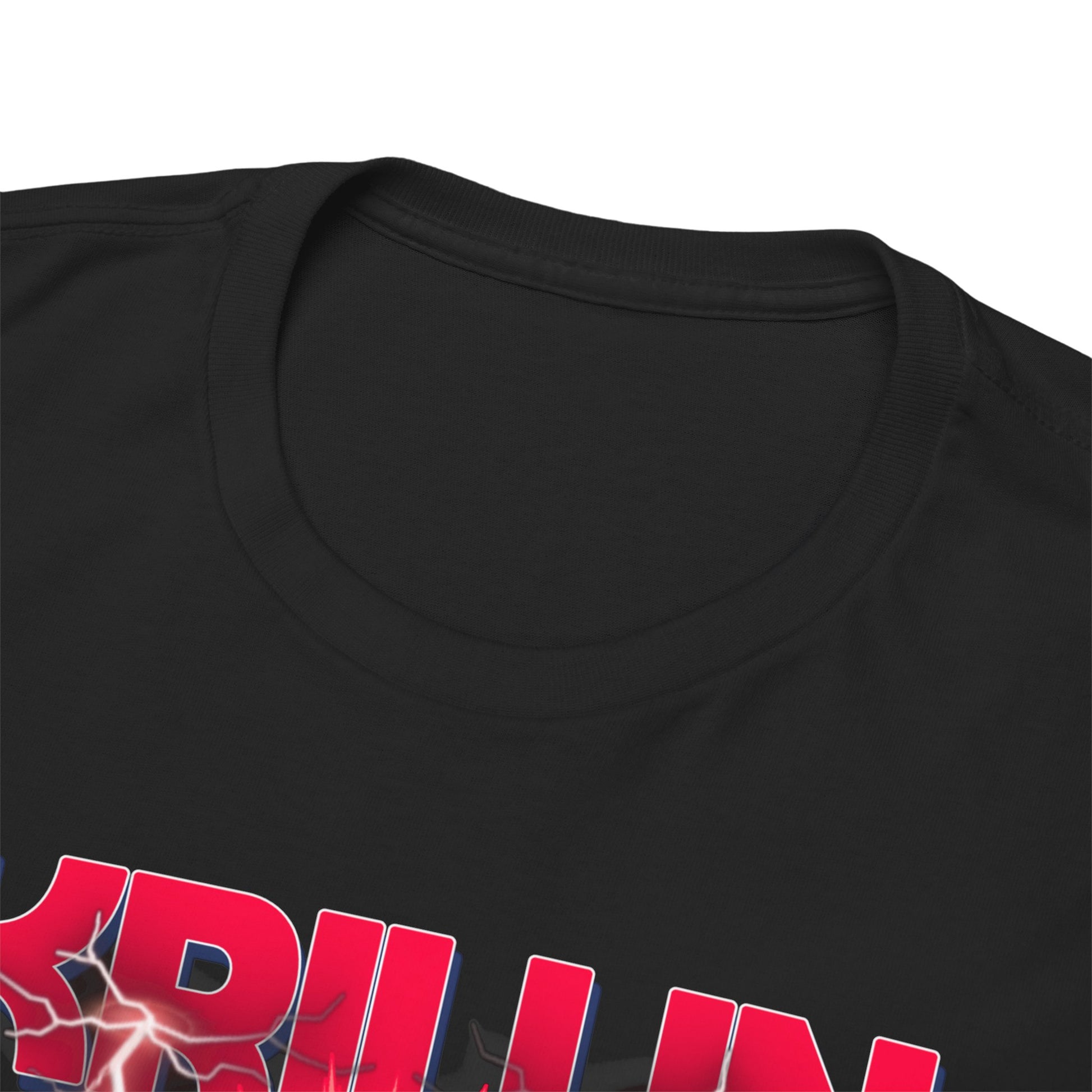 Close-up of the neckline on a premium black T-shirt with a striking 'Krillin' graphic and vibrant colours, embodying the essence of Dragon Ball Z.