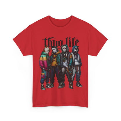 Thug Life Horror Characters Graphic T-Shirt featuring iconic horror characters in urban streetwear on a rich, vibrant background. A luxurious unisex cotton tee that embodies pop culture and stylish flair.