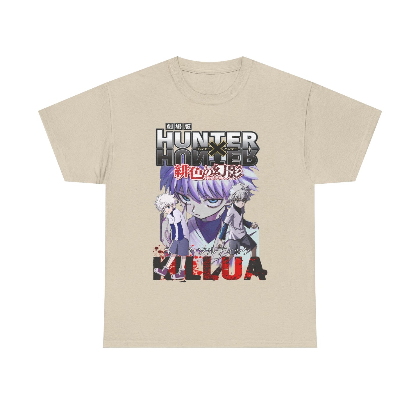 Chic beige Hunter x Hunter T-Shirt displaying captivating artwork of Killua and Gon, complemented by rich hues and Japanese characters, ideal for stylish anime lovers.
