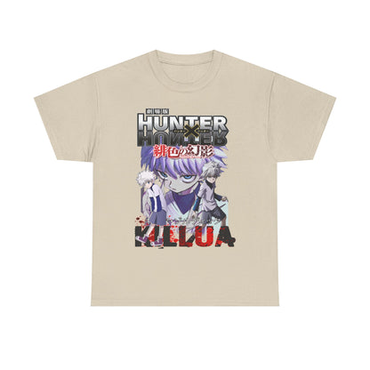 Chic beige Hunter x Hunter T-Shirt displaying captivating artwork of Killua and Gon, complemented by rich hues and Japanese characters, ideal for stylish anime lovers.