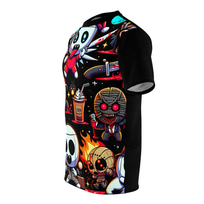 The Scribble Spectre Tee displayed on a model, highlighting the playful aesthetics and unique design elements that blend sweet and scary themes.