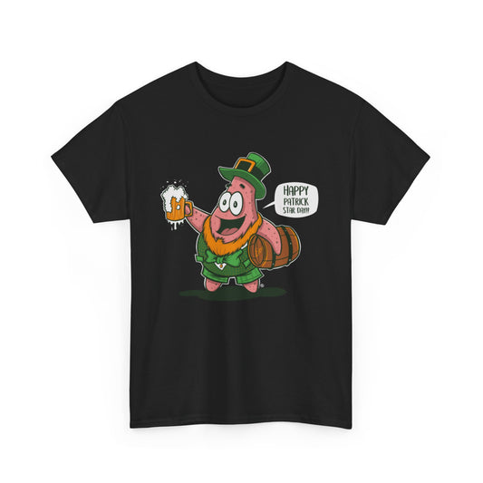 Funny Graphic Tee for St. Patrick's Day Featuring Patrick Star, featuring Patrick in playful green outfit, celebrating with a beer mug and barrel, ideal for adding a touch of humour to your holiday wardrobe.