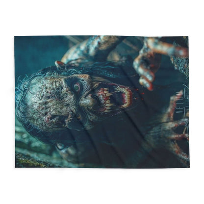 A haunting decorative design of the Decorative and Warm Halloween Spooky Arctic Fleece Blanket, showcasing a creepy creature emerging from darkness, perfect for adding an eerie touch to your Halloween decor.