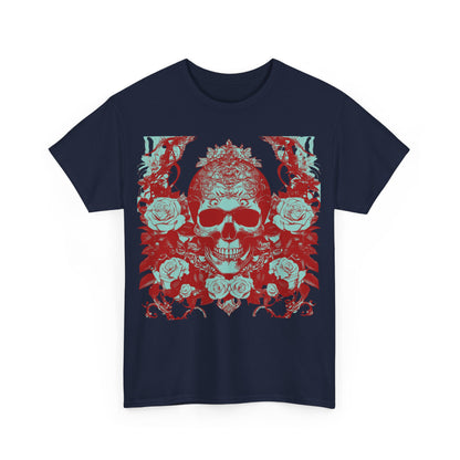Close-up front view of Skulls and Roses Cotton Tee displaying vibrant skull and rose artwork, ideal for expressing individuality with luxury.