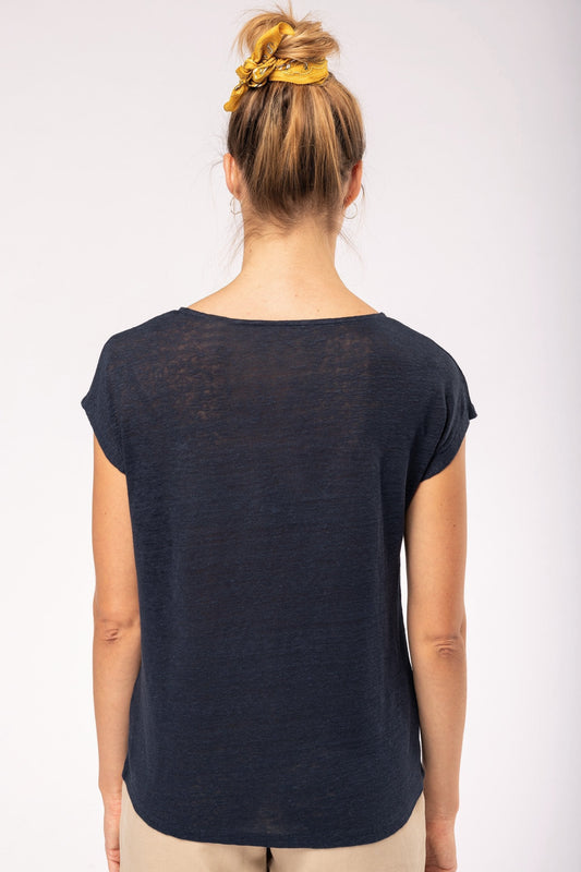 Elegant 100% Linen V Neck T-Shirt for Women styled with minimalist accessories, highlighting its versatility as a sustainable summer essential.