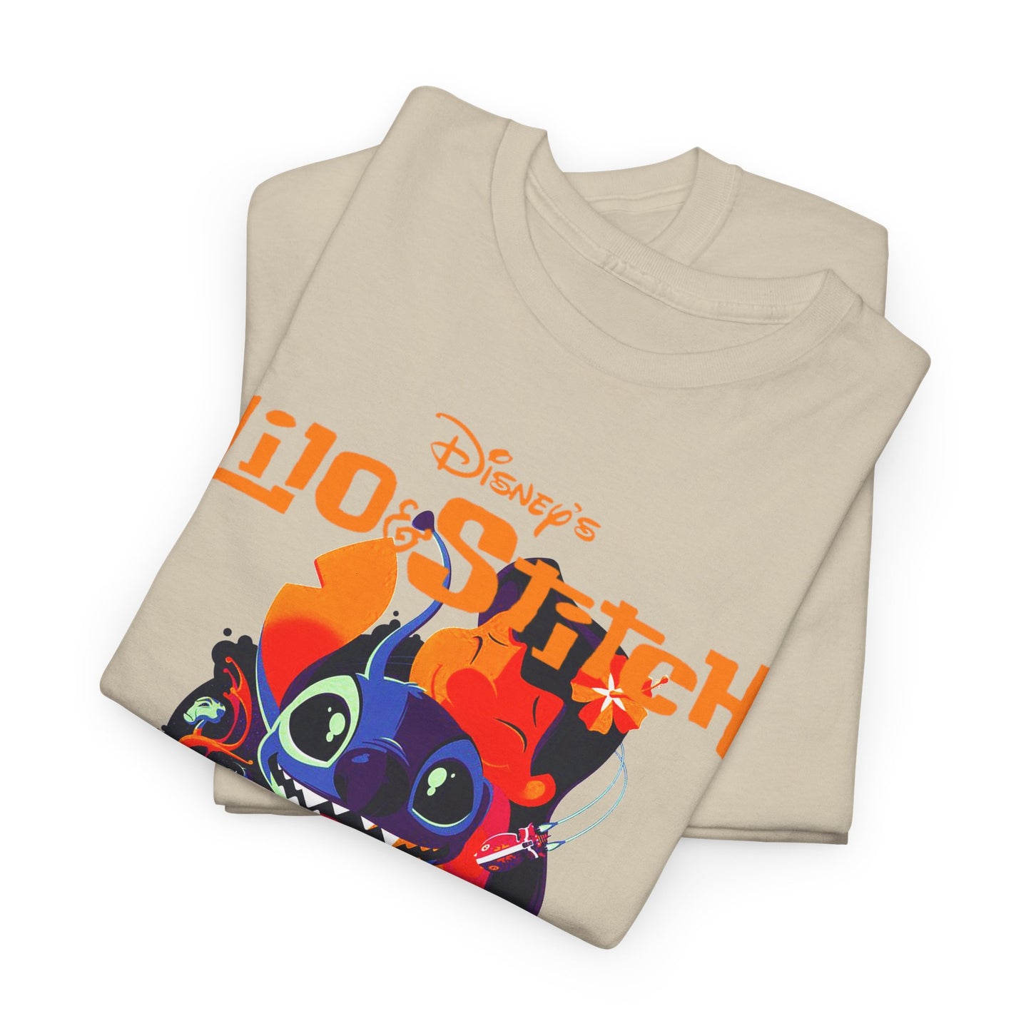 Elegant stack of Lilo & Stitch graphic t-shirts showcasing the iconic characters in vivid colours, perfect for adding a touch of Disney whimsy to a refined wardrobe.