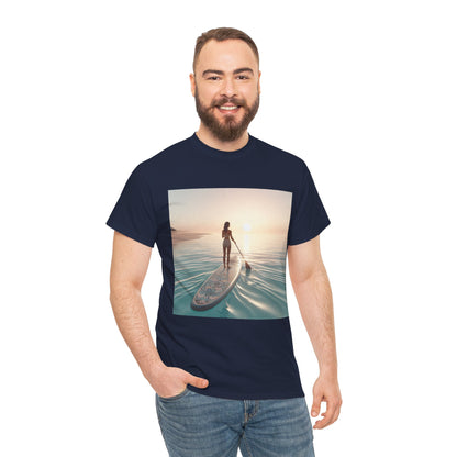 Luxury Dazzling Dreams Paddle Board T-Shirt perfect for water enthusiasts and adventure lovers, showcasing a stunning paddleboarding scene.