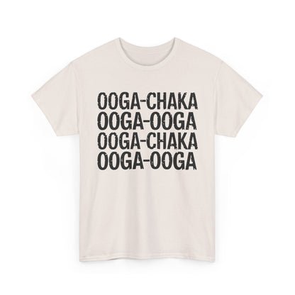 Stylish cream graphic tee with 'OOGA-CHAKA OOGA-OOGA' lyrics, a luxurious addition to your wardrobe from the 'Hooked On a Feeling Graphic T-Shirt Urban Unisex Cotton Tee' range.