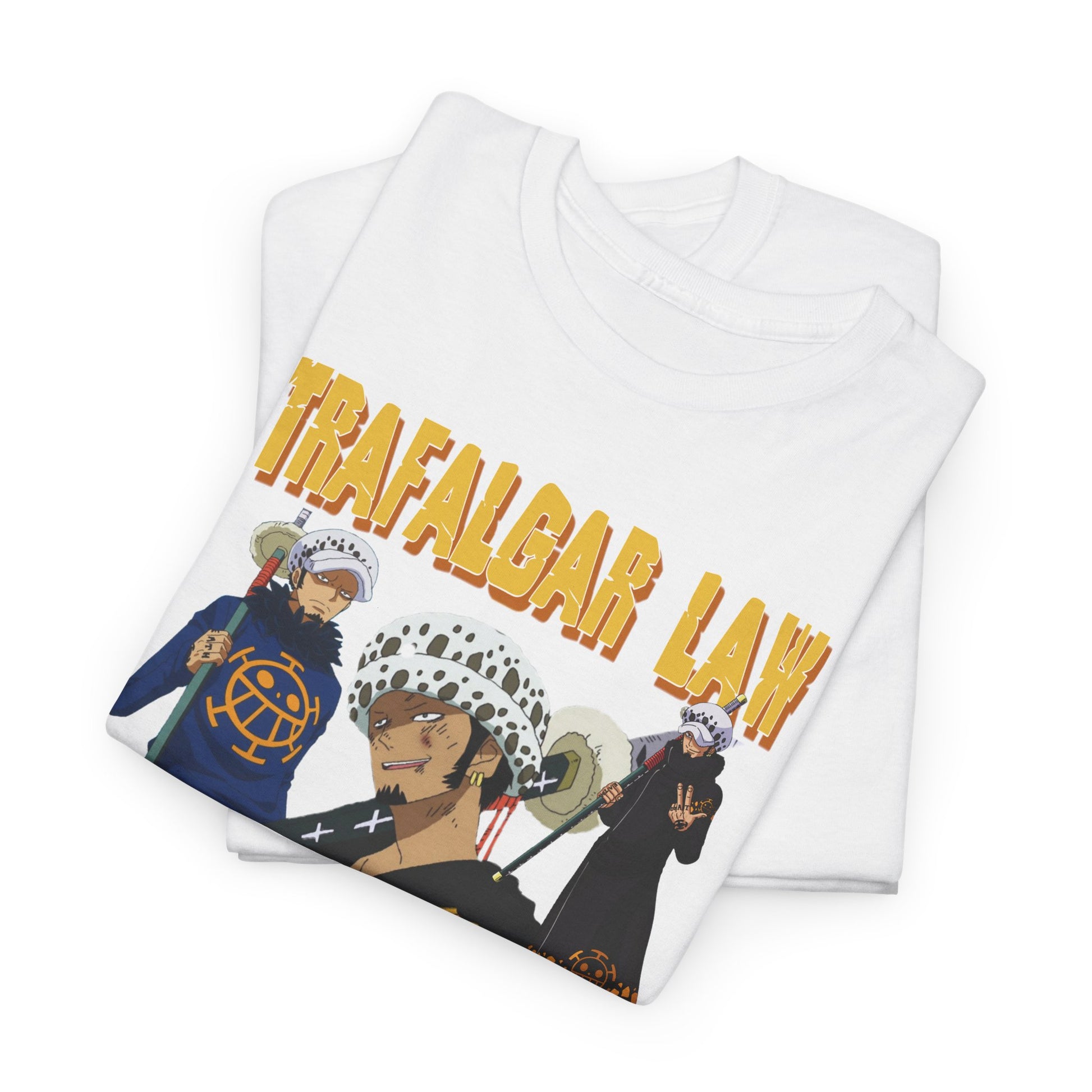 Stylish stacked view of two Trafalgar Law mens T-shirts featuring vibrant anime graphic artwork, emphasizing luxury and uniqueness.
