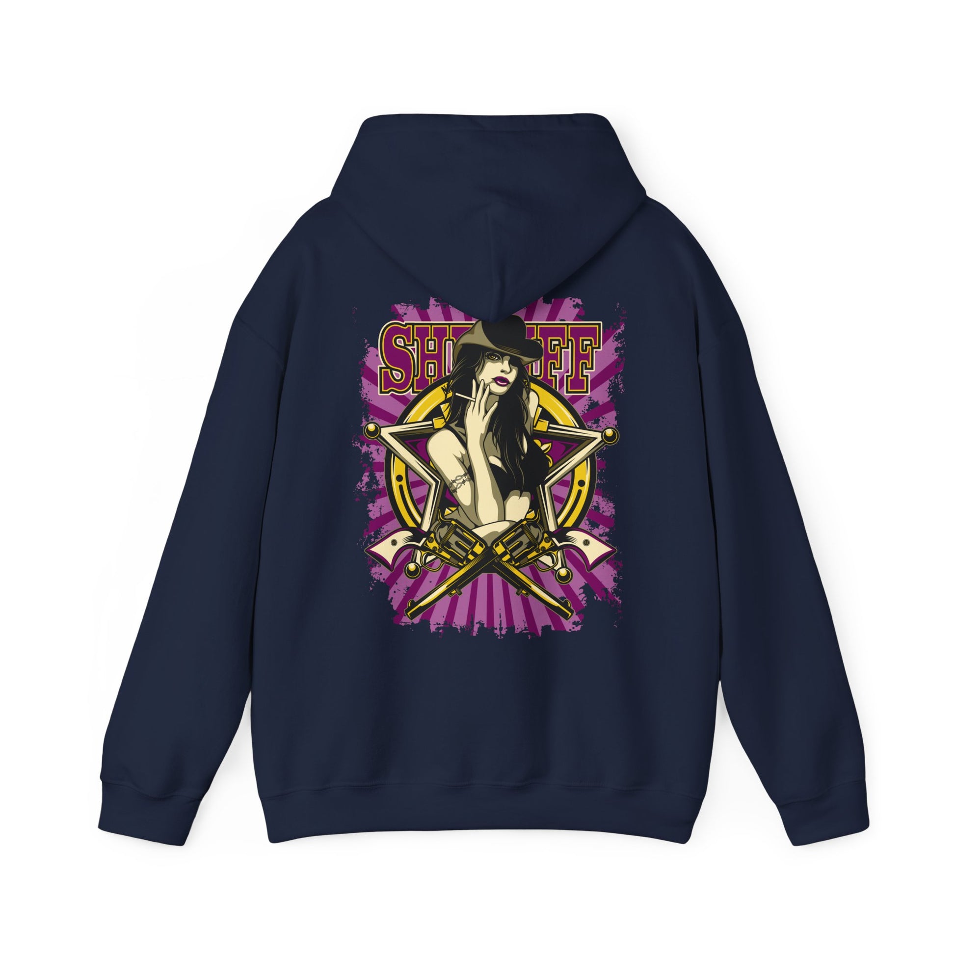 Chic navy hoodie featuring an eye-catching back print of a fierce female sheriff, accentuated by gold revolvers and a striking purple starburst design.