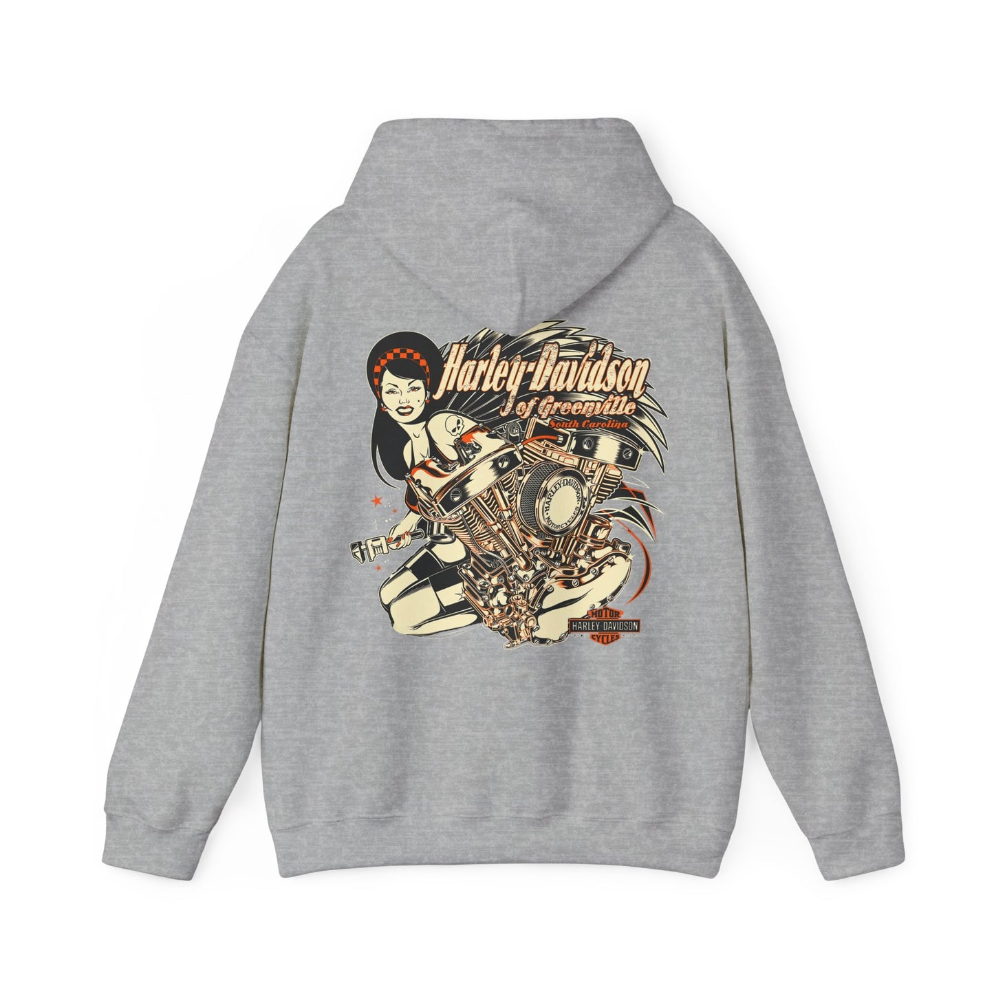 Luxury Harley-Davidson back print hoodie in grey featuring a vintage-inspired design of a motorcycle engine and a chic woman, perfect for stylish motorcycle enthusiasts.